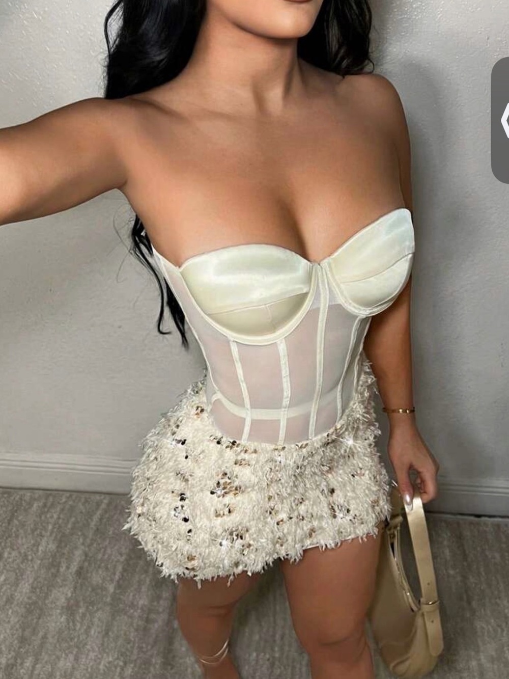 Ivory Bustier Mini Dress with Sequin Feathers built in shorts
